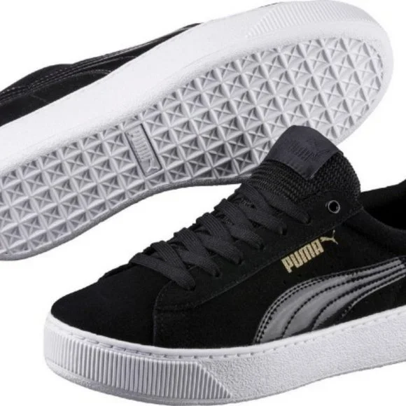 Puma Black Suede Vikky White Platform Low Top Sporty Comfort Leather Sneakers  8 - Picture 12 of 13